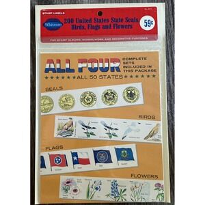 Vintage Whitman #6612 Stamp Labels 200‎ US State Seals, Birds, Flags & Flowers